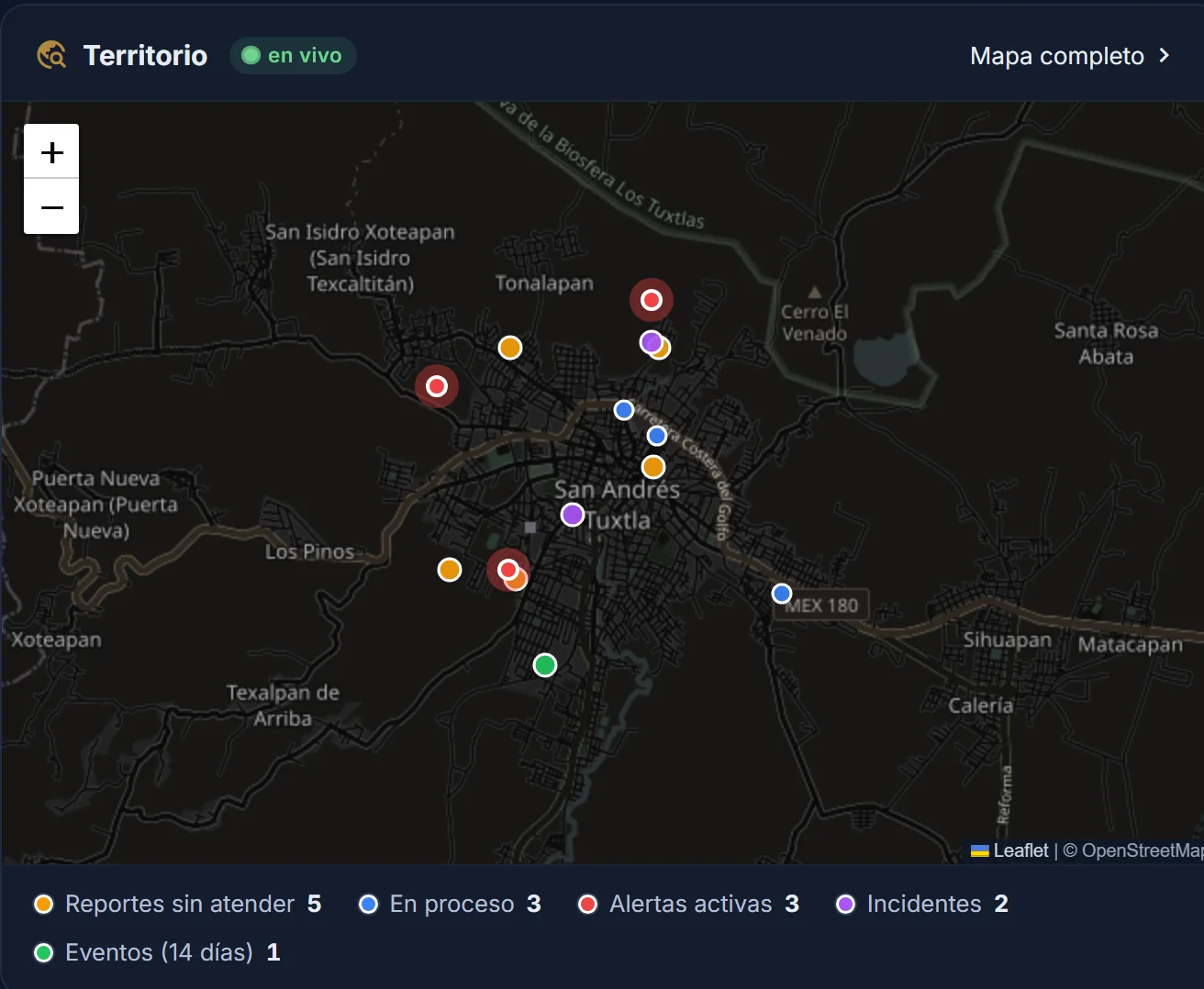 Mapa de San Andrés Tuxtla con reportes sin atender, en proceso, alertas activas, incidentes y eventos.